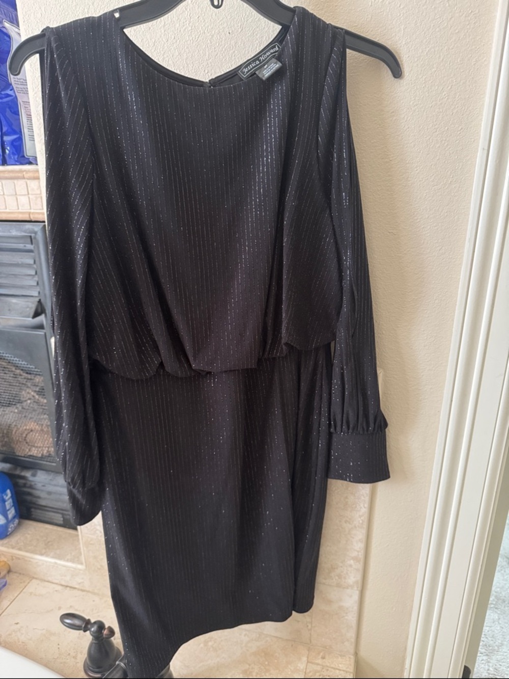 Jessica Howard Black Long-Sleeve Metallic Pinstripe Dress